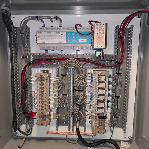 A control panel with every conductor terminated and combed into looms down both sides of the backplate.