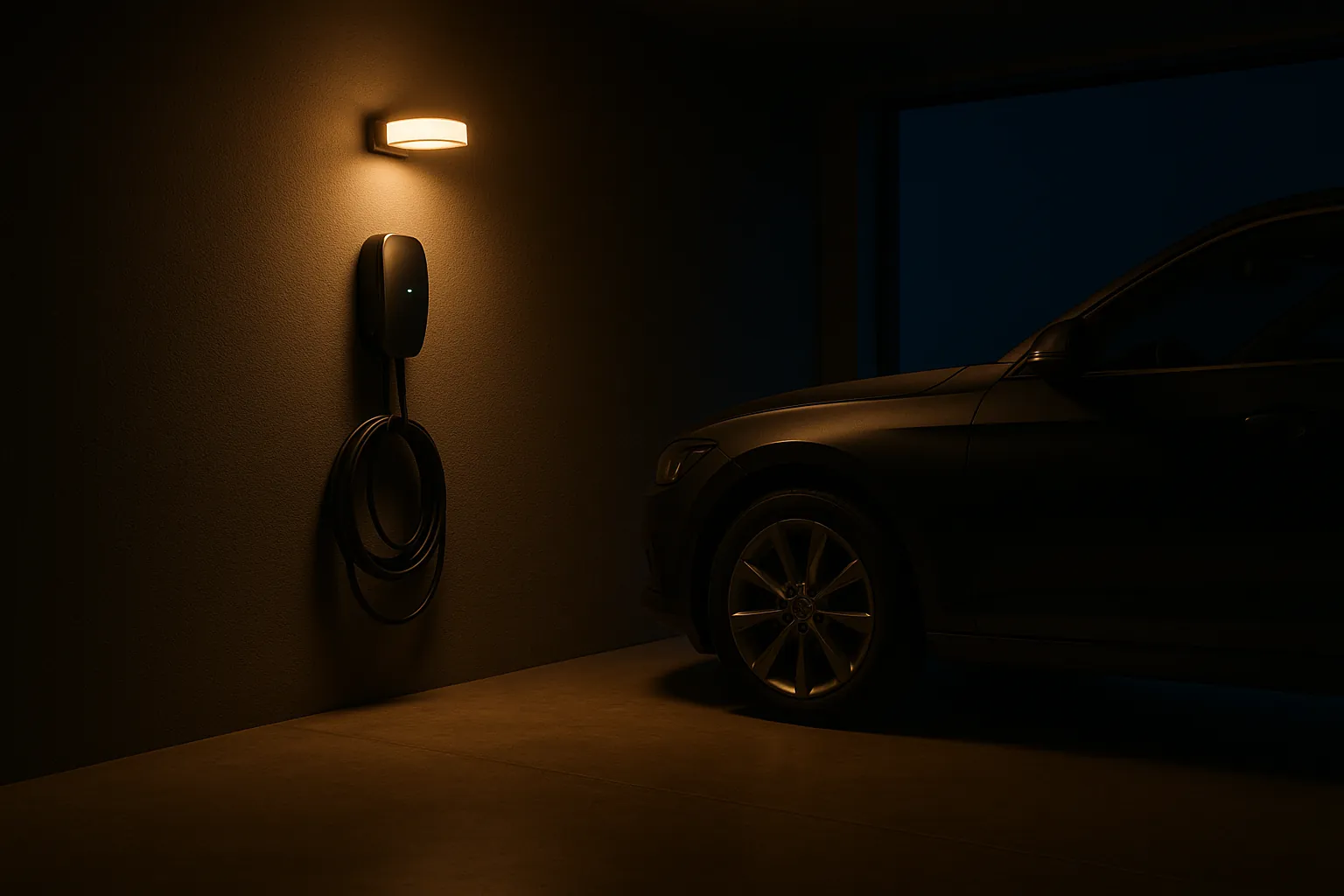 A wall-mounted electric vehicle charger in a home garage at night, its cable coiled neatly on the hook and a car parked alongside in shadow.