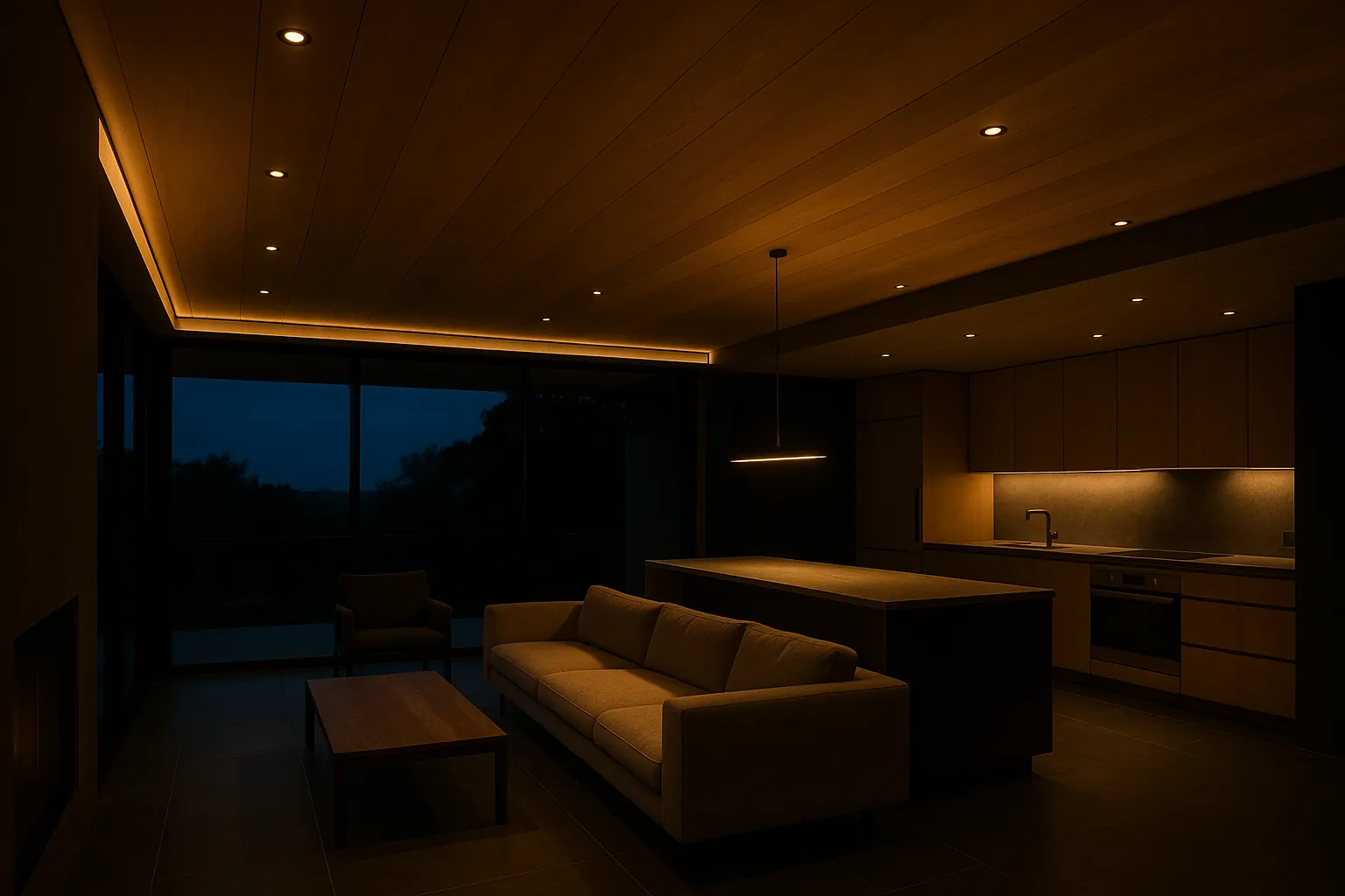 The inside of a modern open-plan living room and kitchen at dusk, lit by recessed ceiling lights, a cove light along the ceiling edge and a pendant over the island.