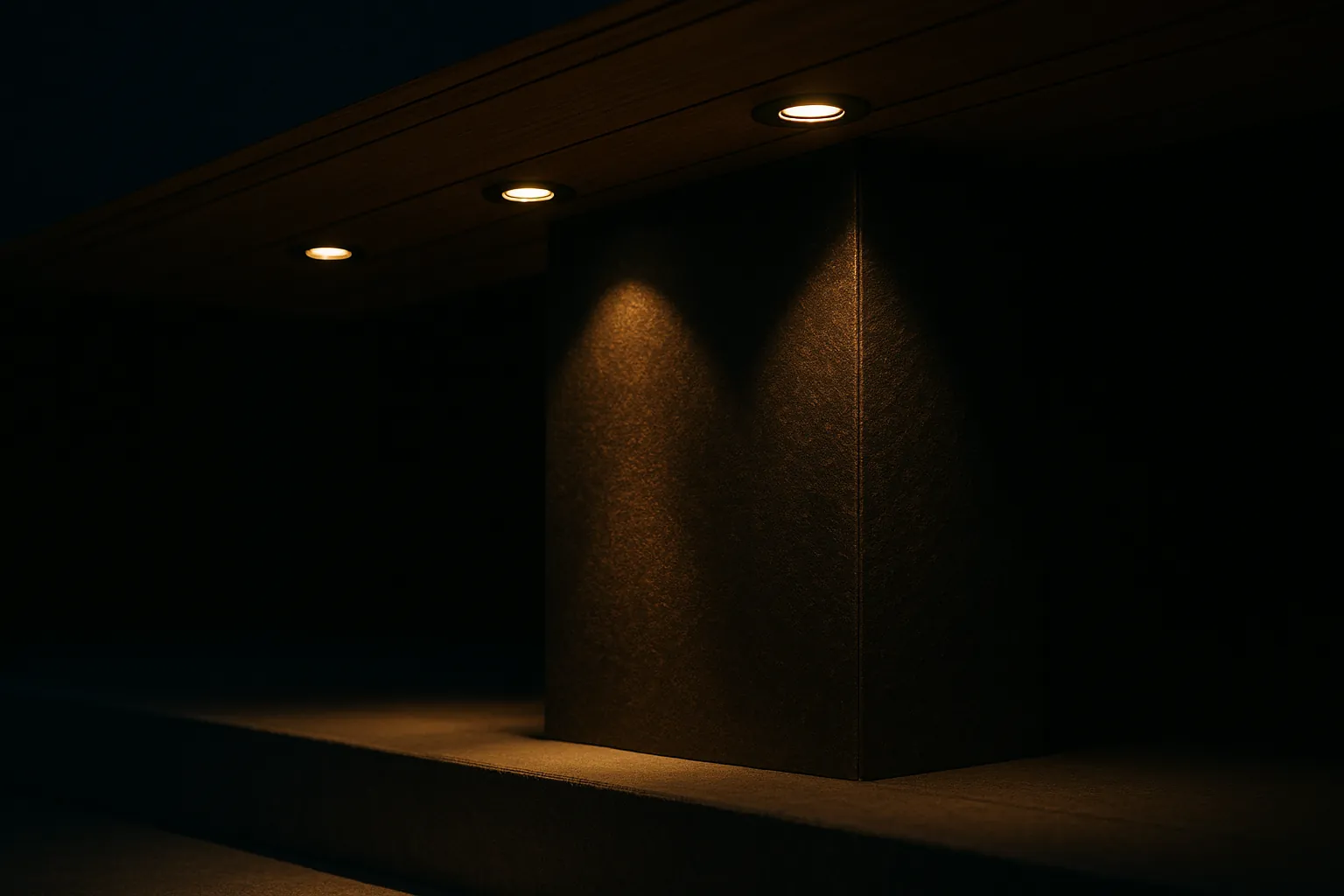 A close view of recessed downlights set into a timber soffit at night, throwing evenly spaced arcs of warm light down a dark stone column.